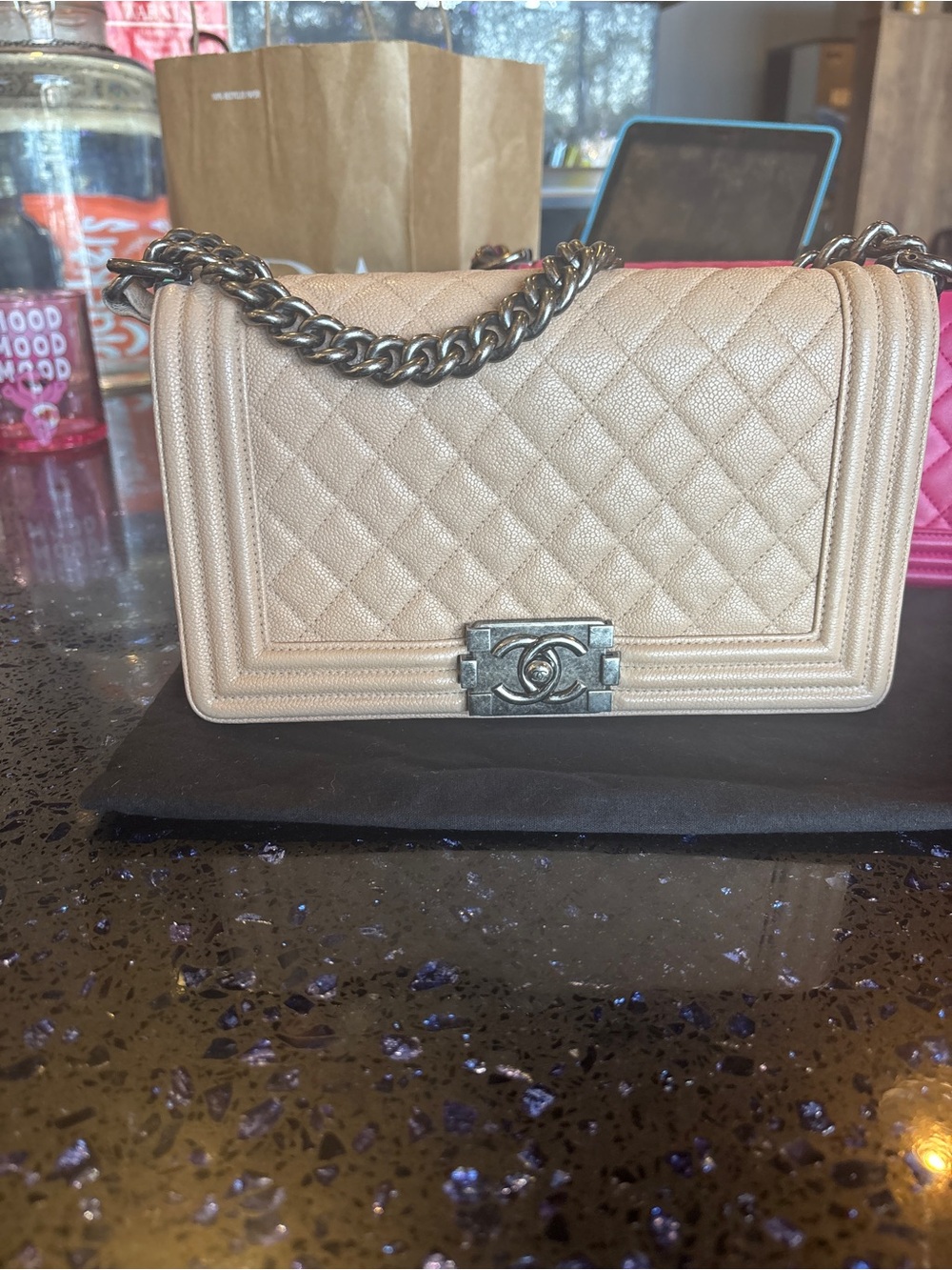 CHANEL Beige Quilted Boy Flap Crossbody Bag with Chain